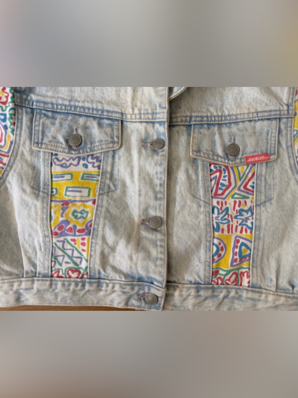 Jordache Light Wash Denim Crop Jacket with Yellow, Pink, Green & Blue Print - Picture 5 of 16